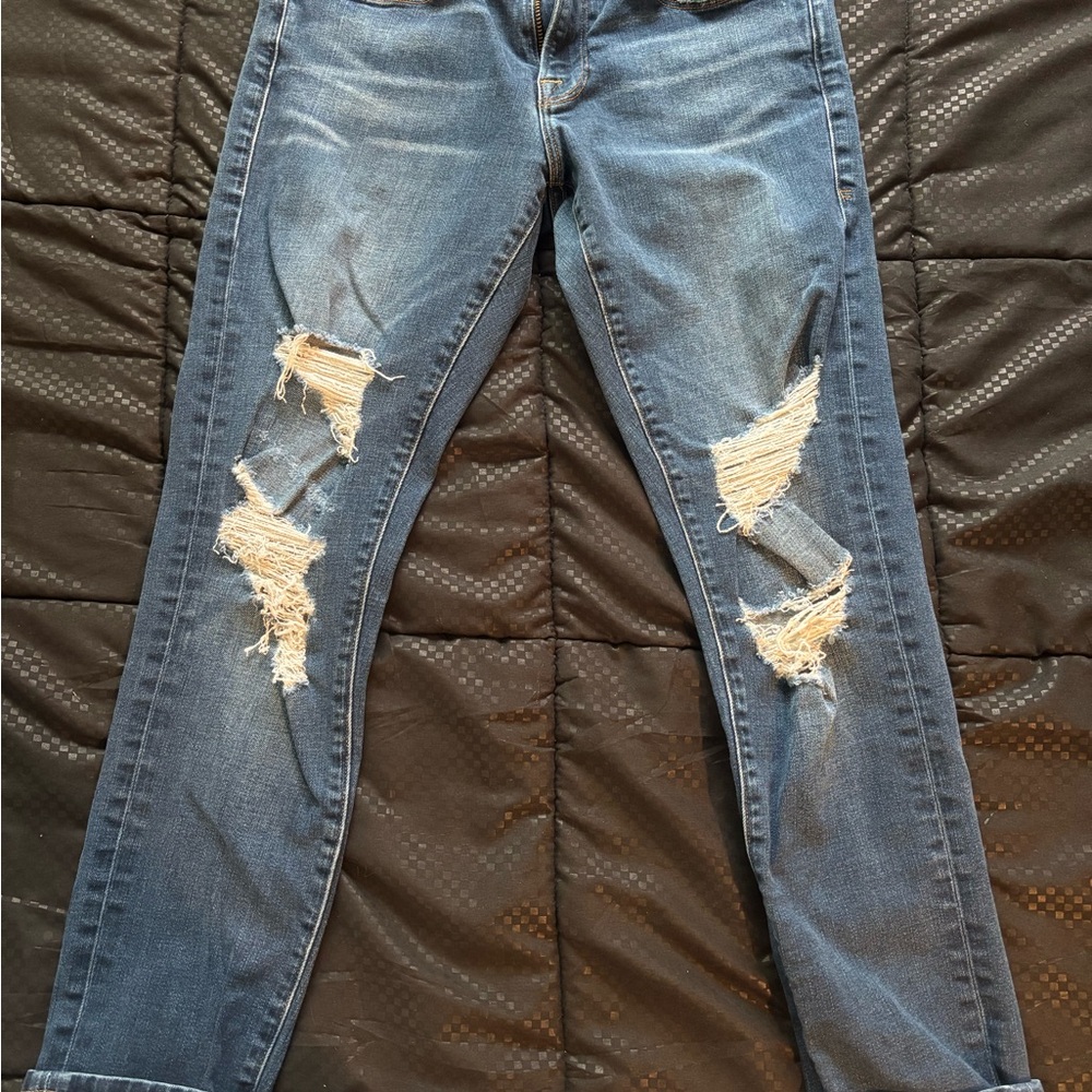 Frame Denim Blue Distressed Straight Leg Jeans